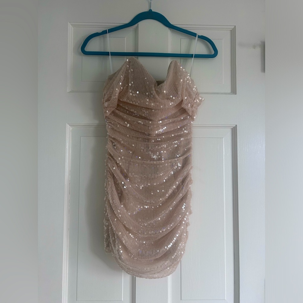 Heiress Beverly Hills Nude Corset Sequin Drape Dress